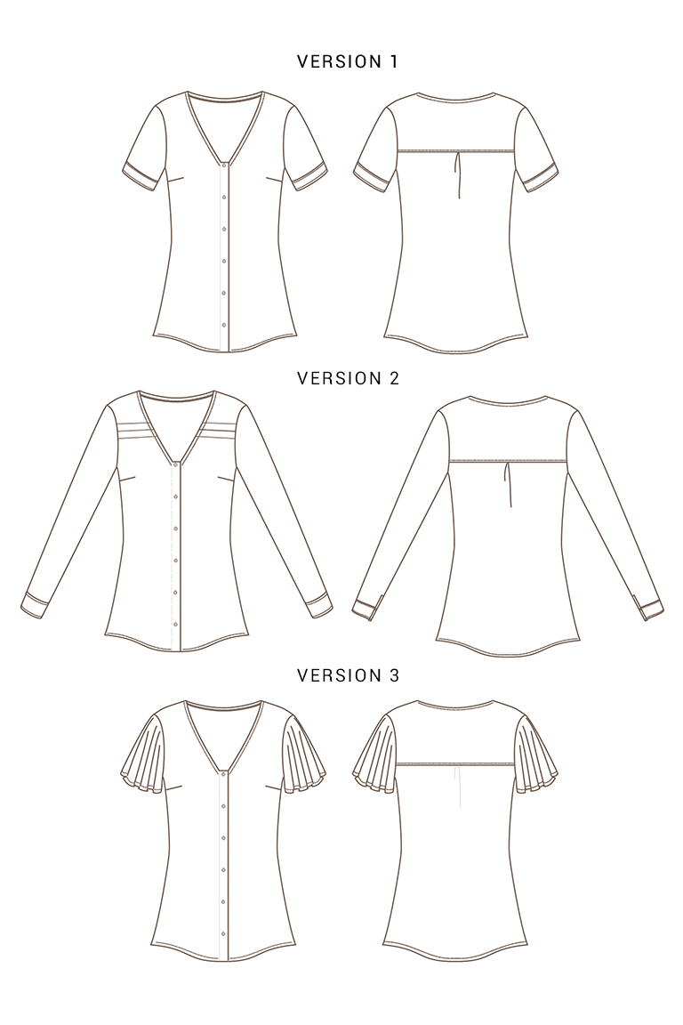 Line drawings of a blouse with three different versions on a white background
