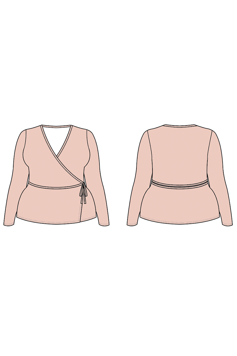 Front and back views of a pink wrap-style top on a white background