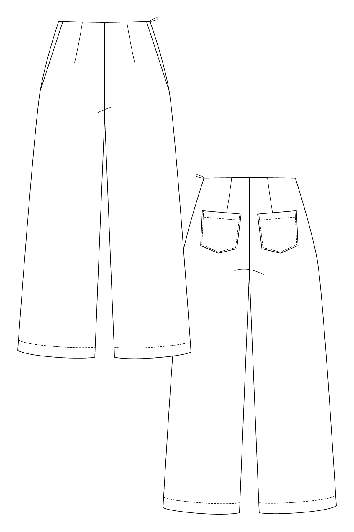 Line drawing of a pair of wide-leg pants with front pockets on a white background