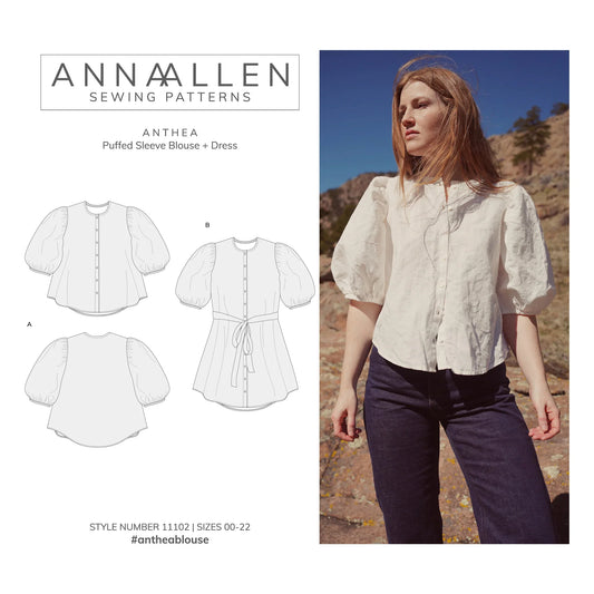 anna allen's anthea cover art showing line drawing with image of a woman in a white blouse showcasing the pattern.