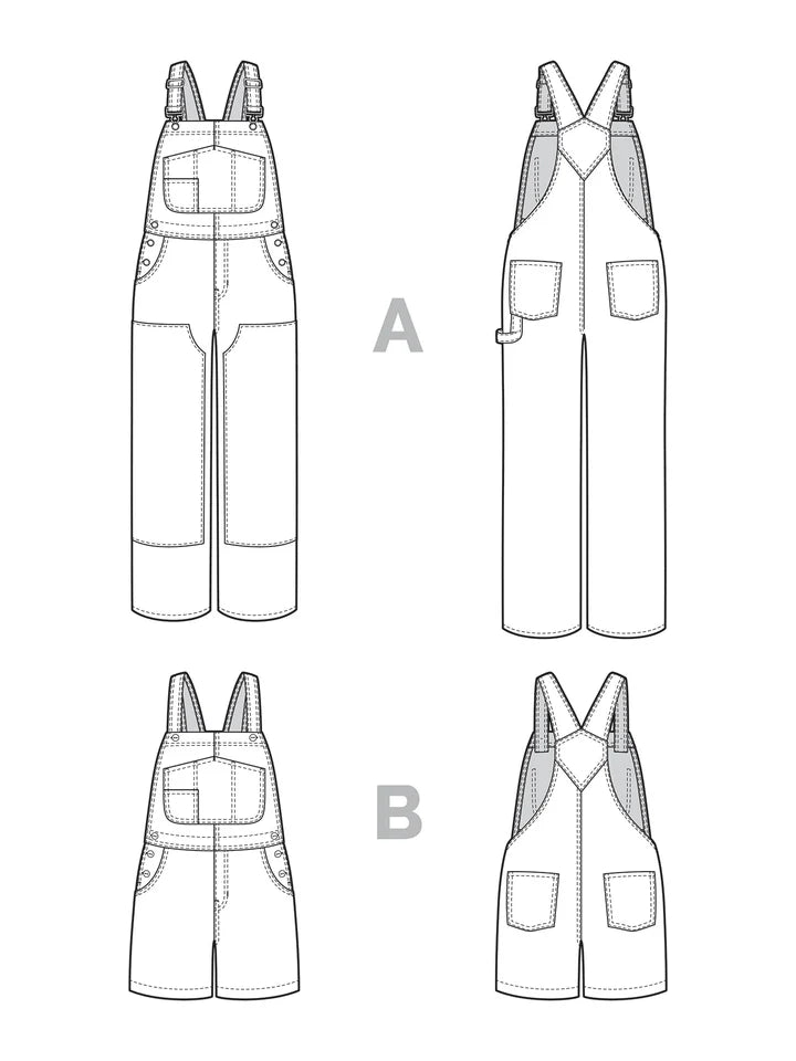 Black and white line art schematic showing four views of bib overalls labeled A and B, likely illustrating sewing pattern variations or garment construction details.