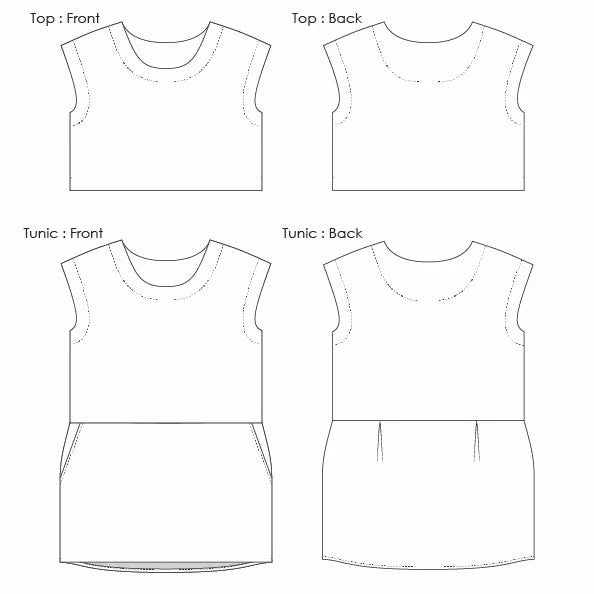 Line drawings of a top and tunic front and back views on a white background
