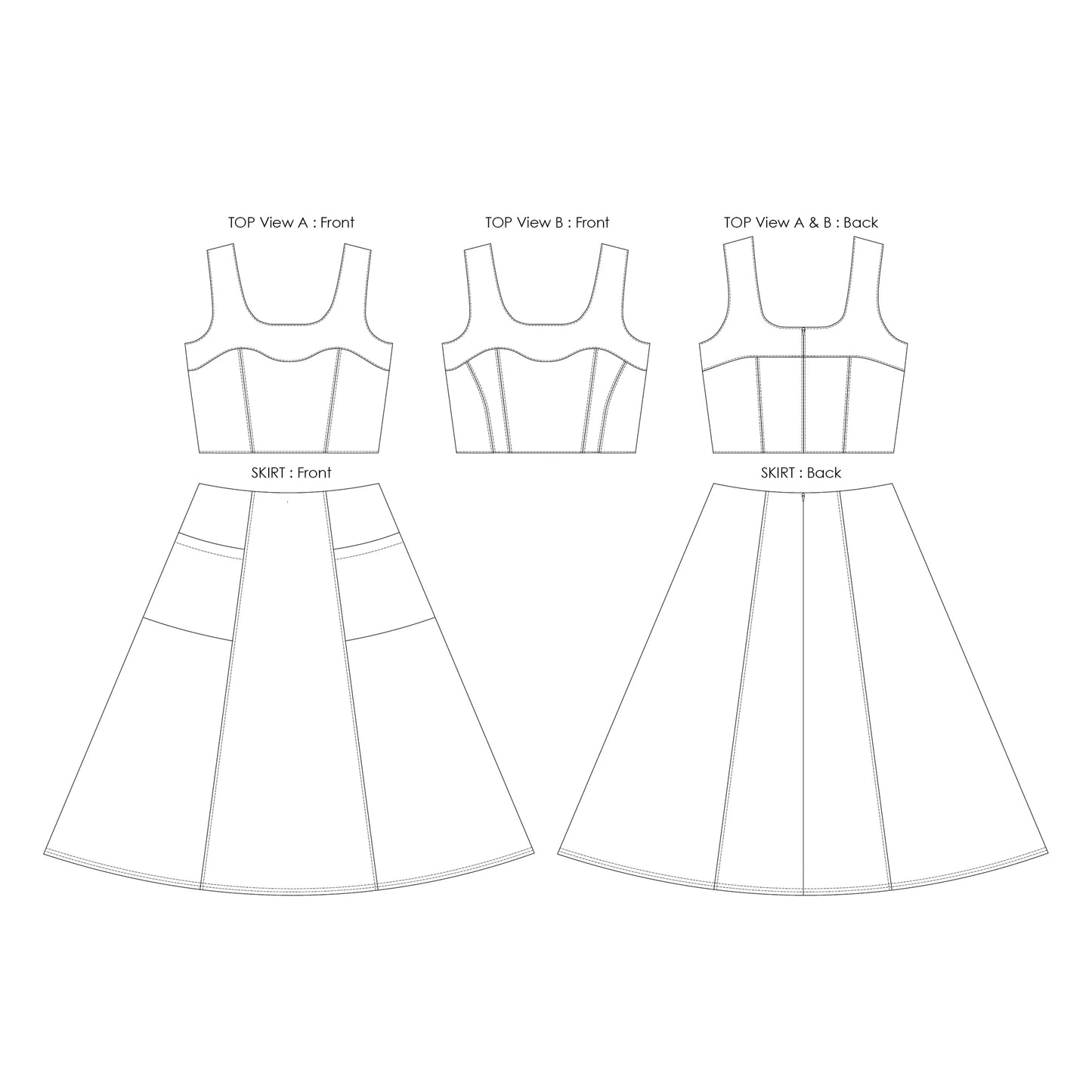 Technical drawing of a dress with top and skirt views on a white background