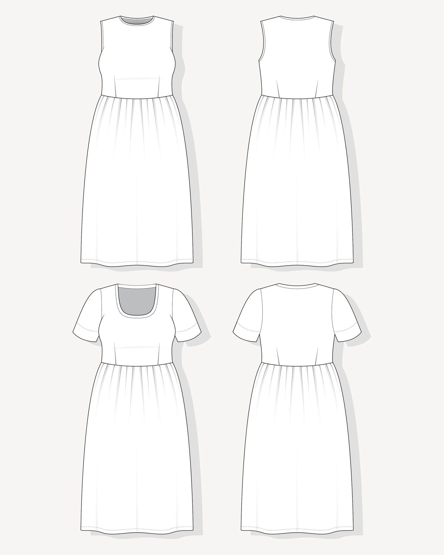 Line drawings of a dress from multiple angles on a white background