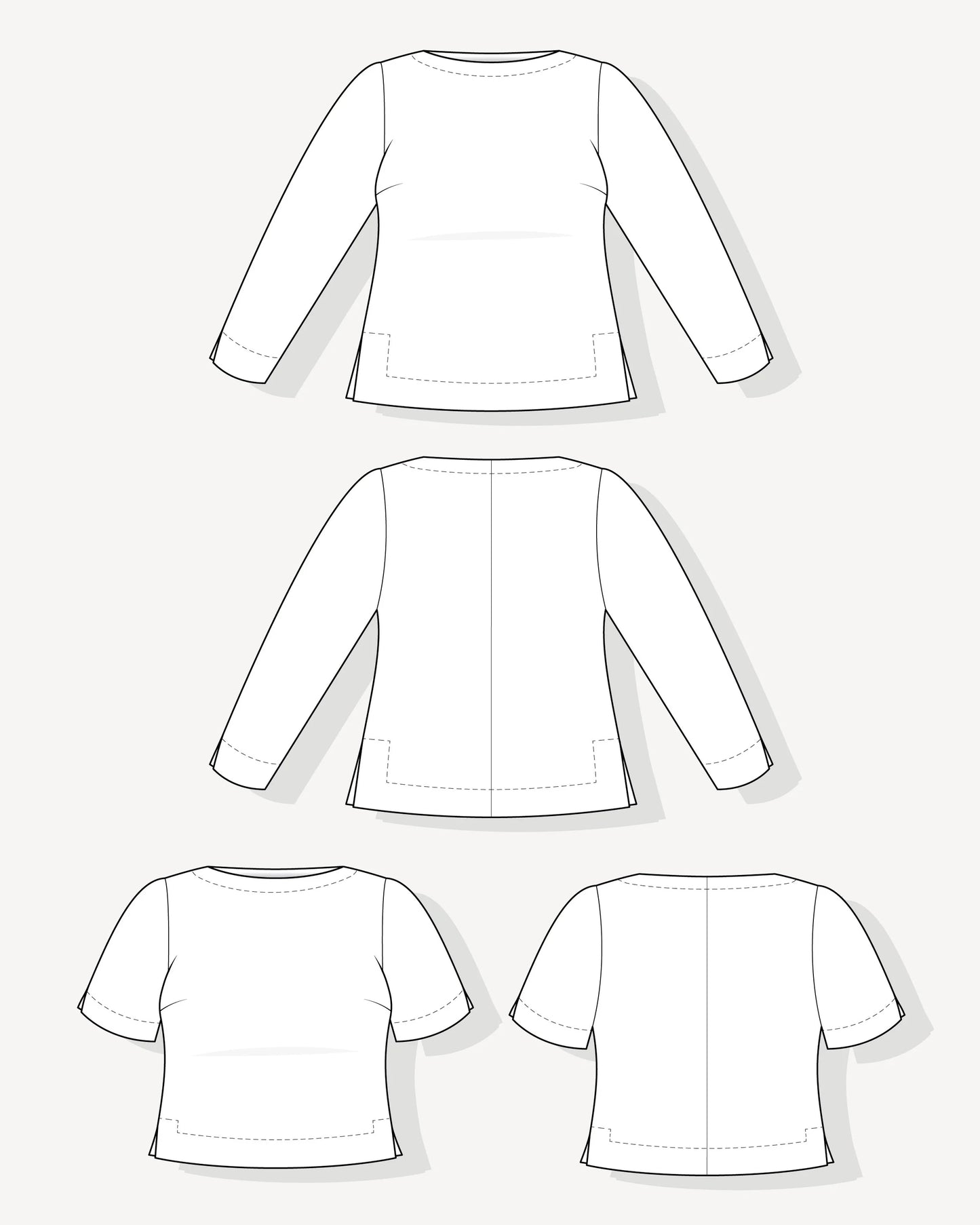 Black and white technical line drawings showing multiple views of a long-sleeve top, including front, back, and short-sleeve variants, on a light gray background.