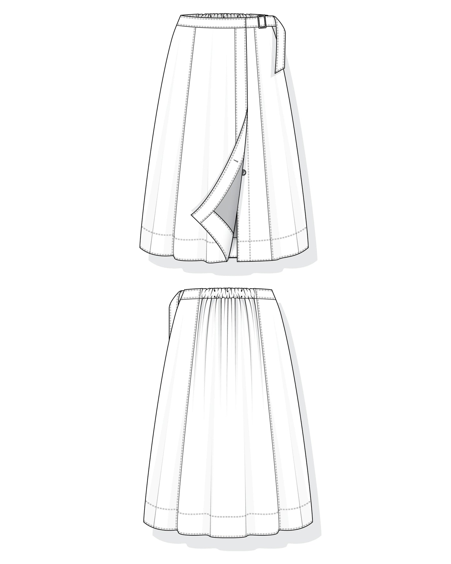Technical drawing of a skirt pattern on a white background