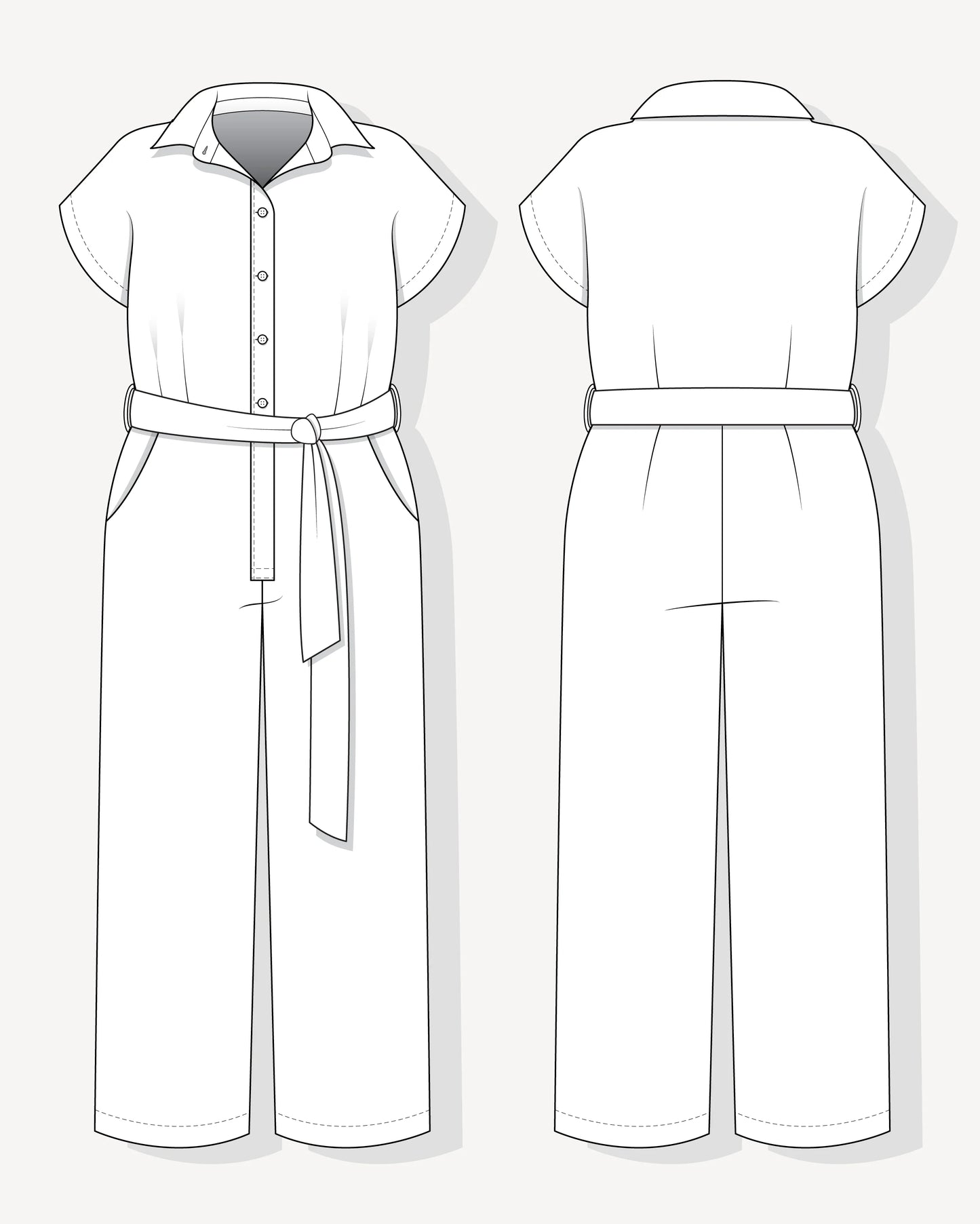 Line drawing of a white jumpsuit with a belt on a light gray background