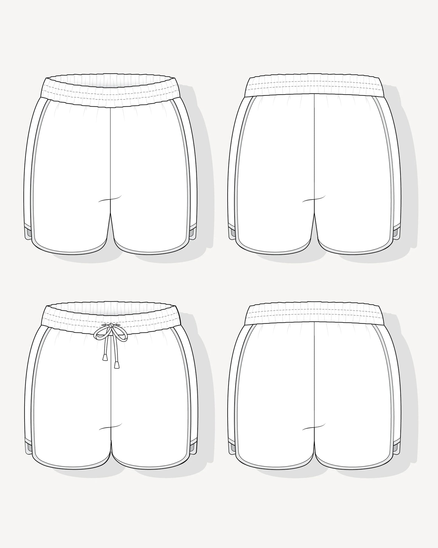 Line drawings of shorts from multiple angles on a light gray background
