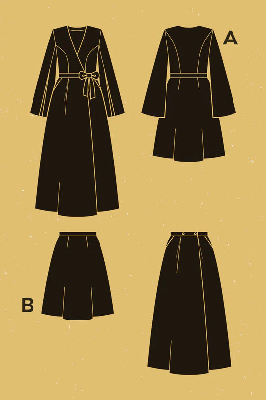 Black line drawings of a dress, coat, shorts, and skirt on a beige background