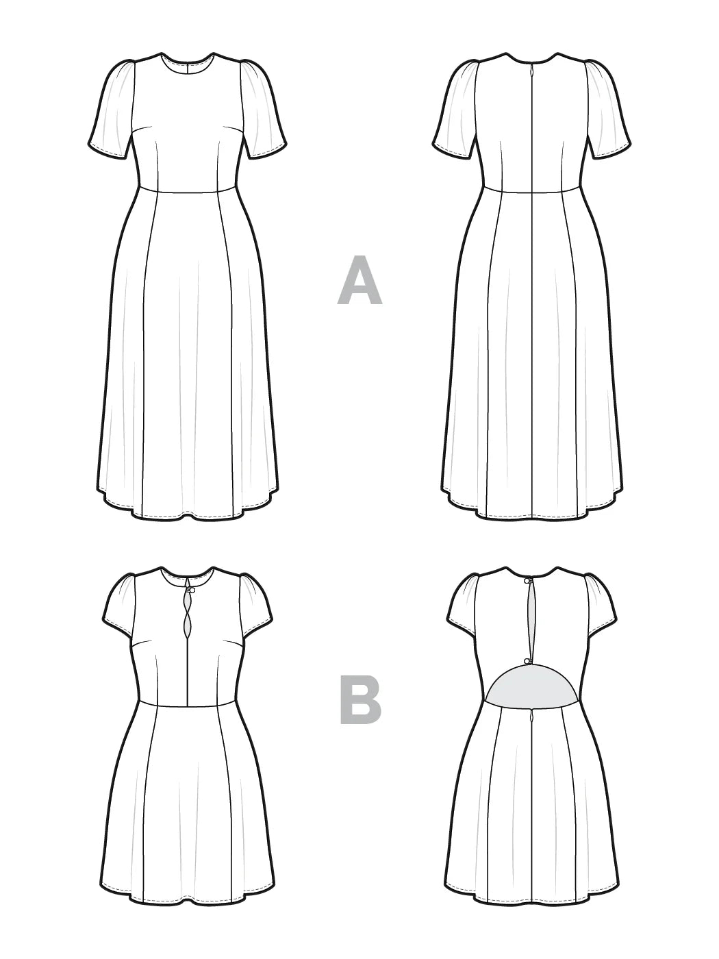 Line drawings of a dress with different designs labeled A and B on a white background.
