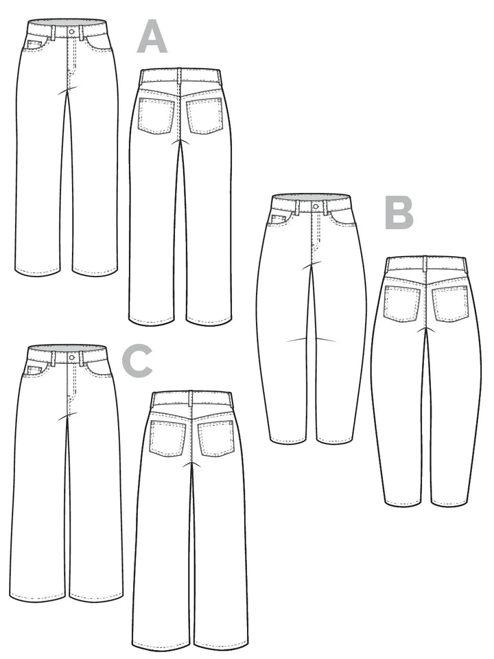 Set of line drawings of various pants labeled A, B, and C on a white background.