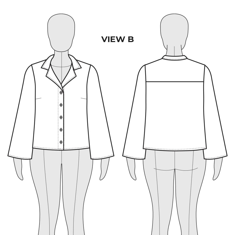 Fashion illustration of a shirt with front and back views on a mannequin.