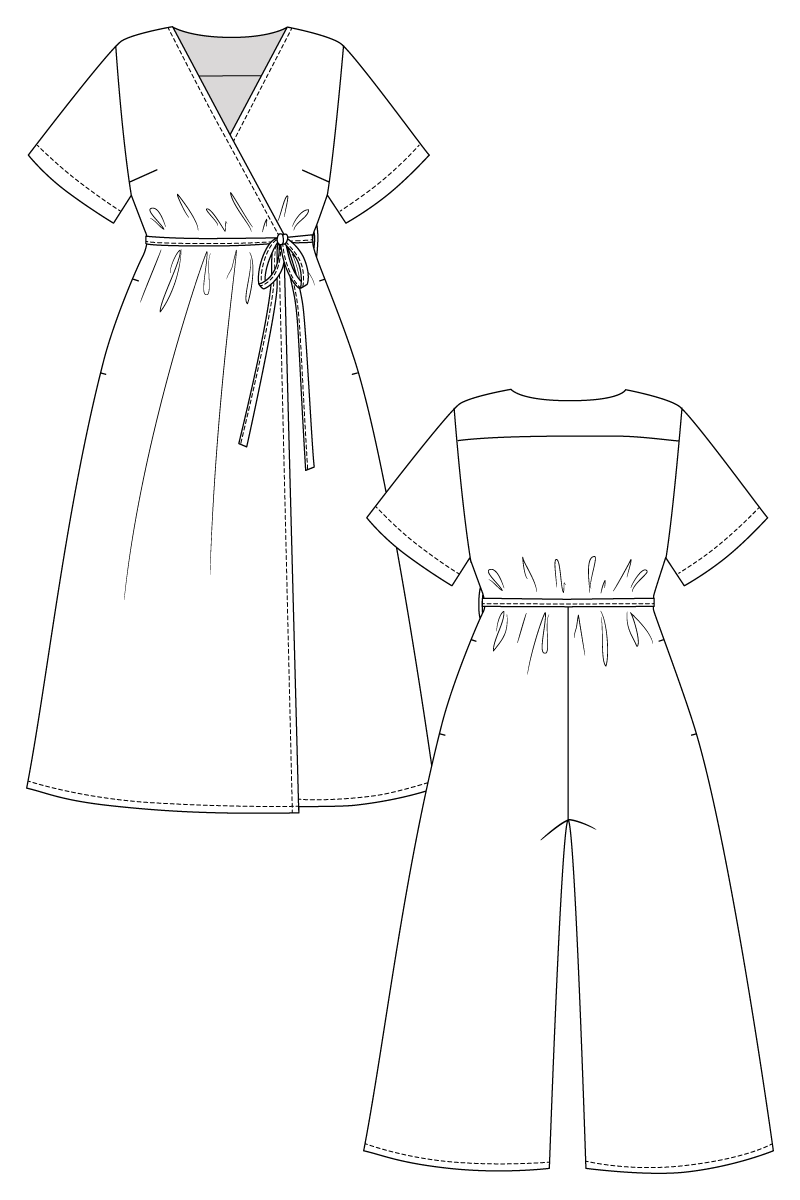 Line drawing of a dress with a belt on a white background
