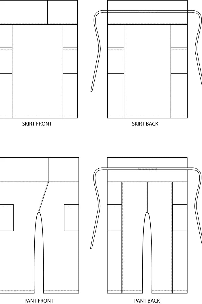 Line drawings of skirt and pants front and back views on a white background