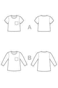 Line art of two t-shirt designs labeled A and B on a white background