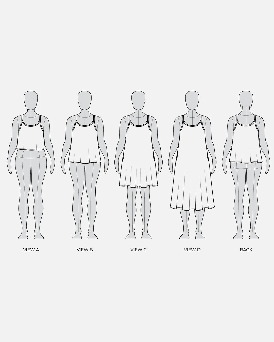 Line drawings of a dress from multiple angles on mannequins.
