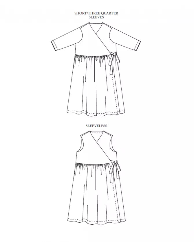 Line drawings of two dress designs with different sleeve lengths on a white background.