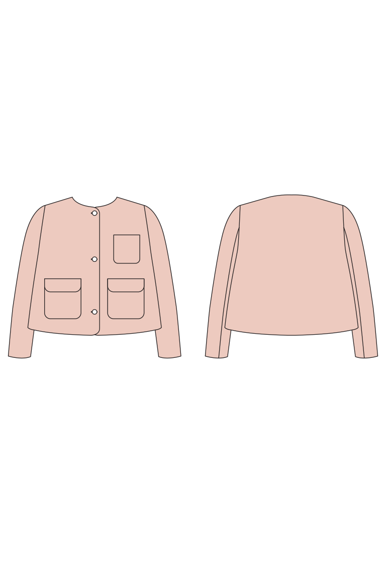 Pink jacket with front and back views on a white background