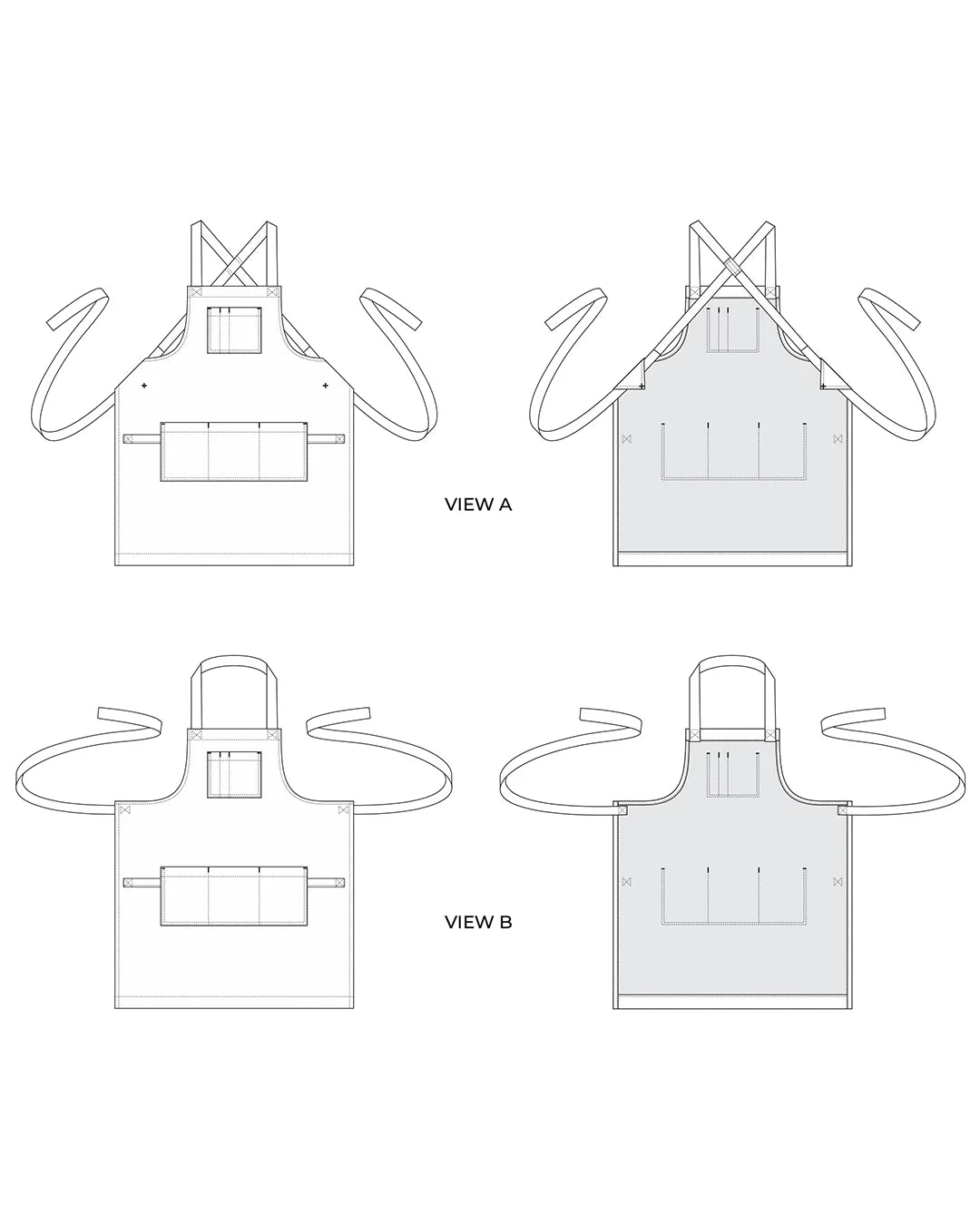 Technical drawing of a apron with three views labeled A, B, and C on a white background.