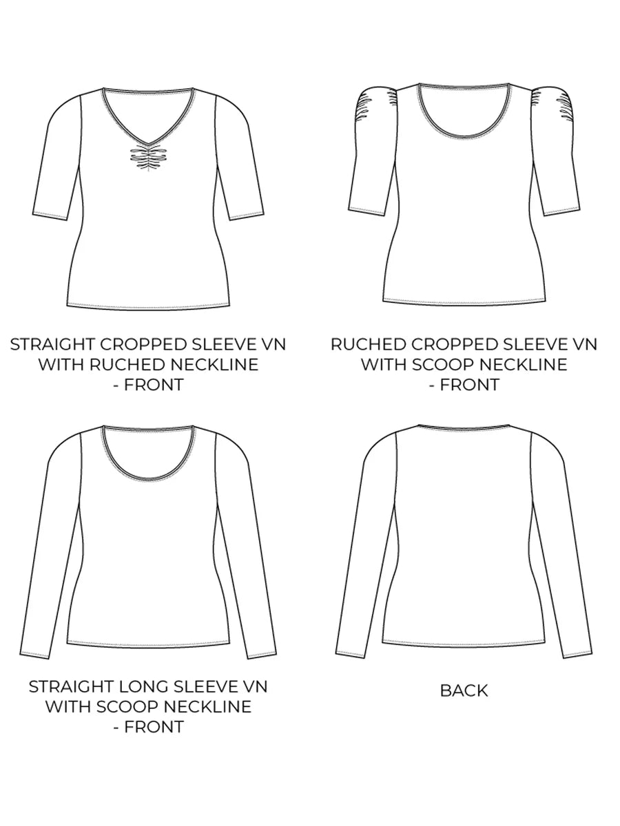 Illustrations of women's tops with different necklines and sleeve lengths on a white background.