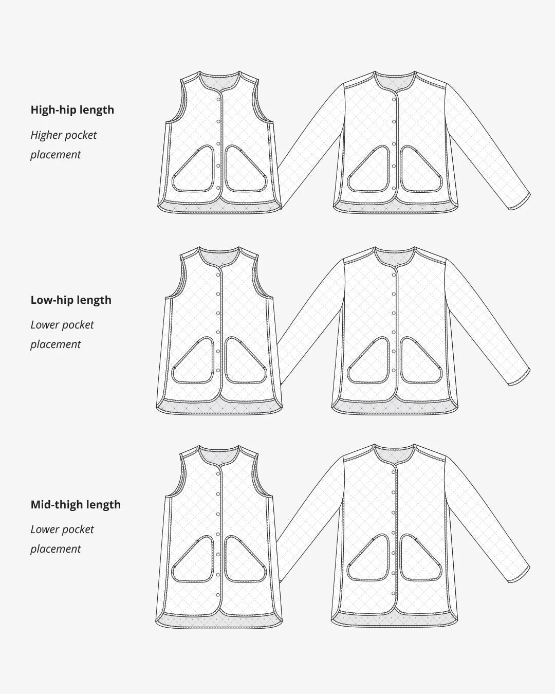 tech line sketch of views A and B of the wildwood jacket and vest sewing pattern
