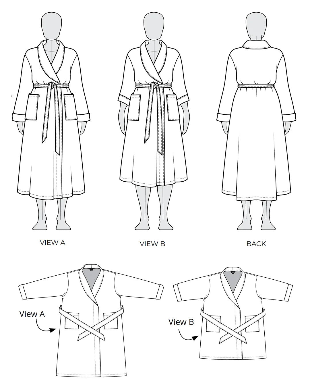 tech/line drawing of arbutus robe sewing pattern