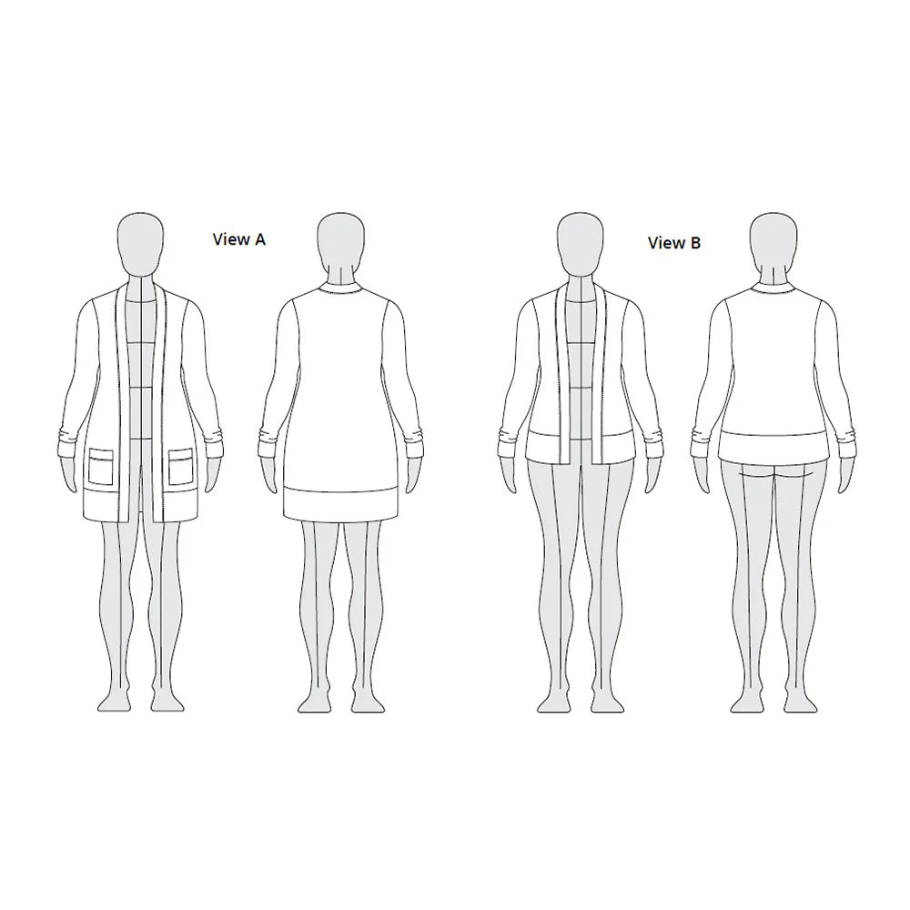 tech line drawing of blackwood cardigan both views
