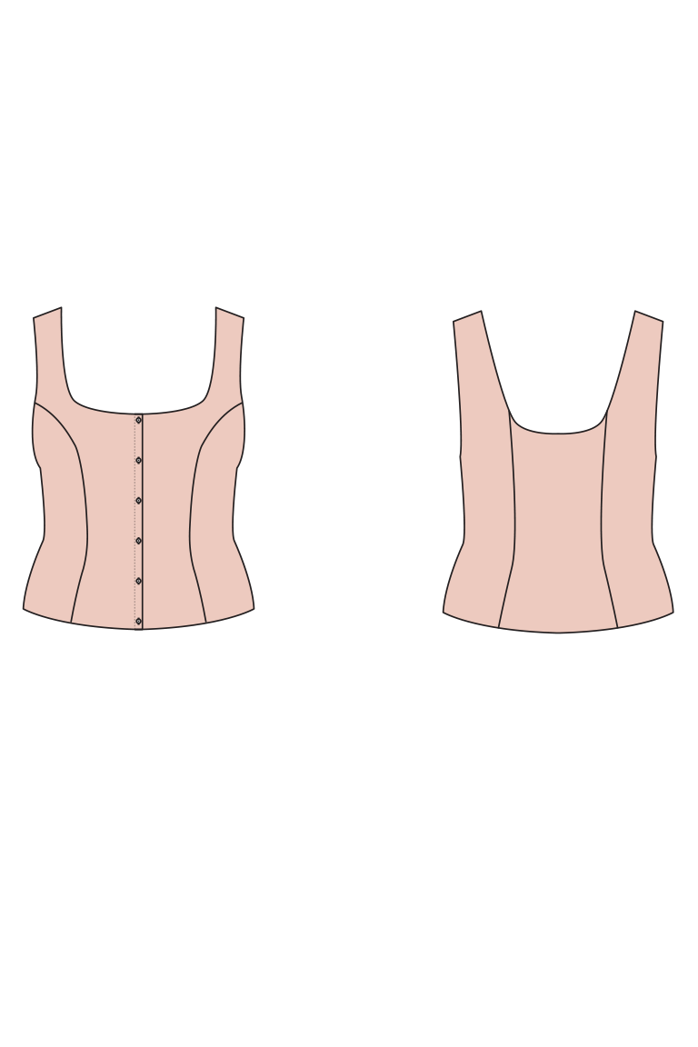 A simple line-art illustration showing two views of a sleeveless corset-style top in a pale blush pink color on a plain white background.