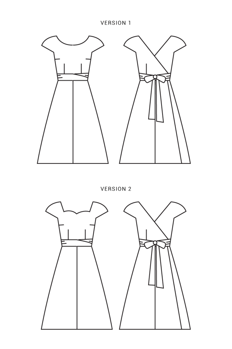Line drawings of two versions of a dress with a belt on a white background