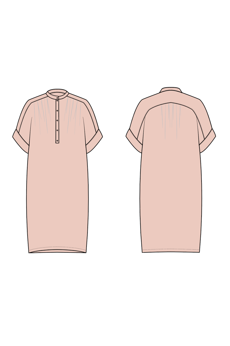 Pink dress with short sleeves shown from front and back on a white background