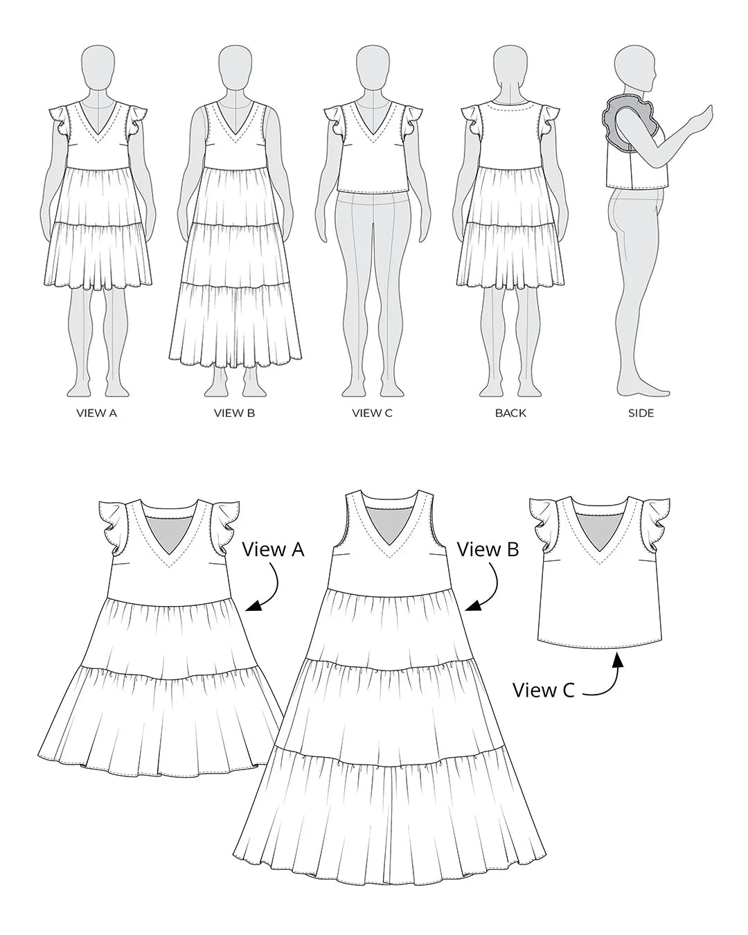 Line drawing of a tiered dress with multiple views including front, back, and side.