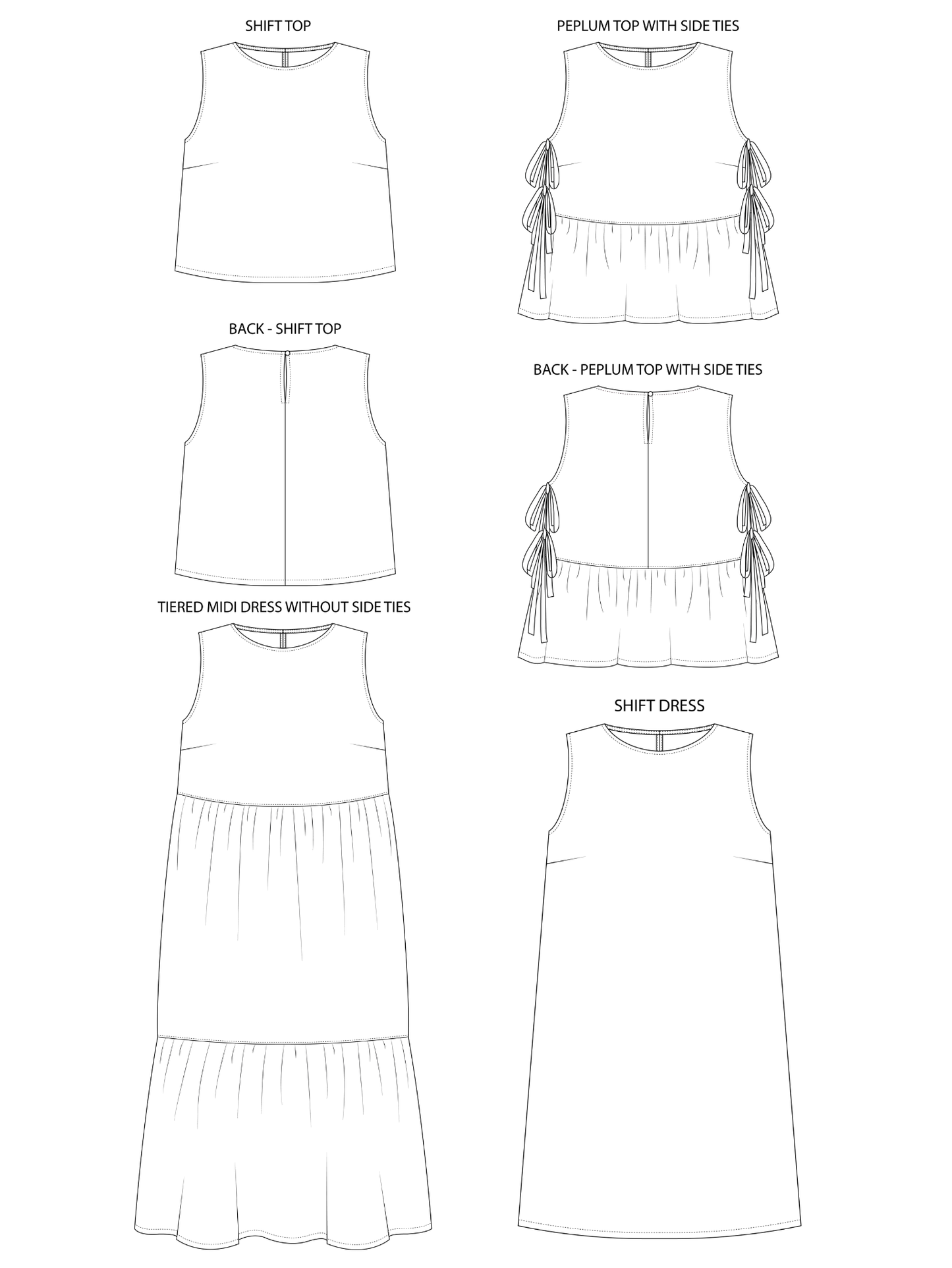 Line drawings of various tops and dresses on a white background