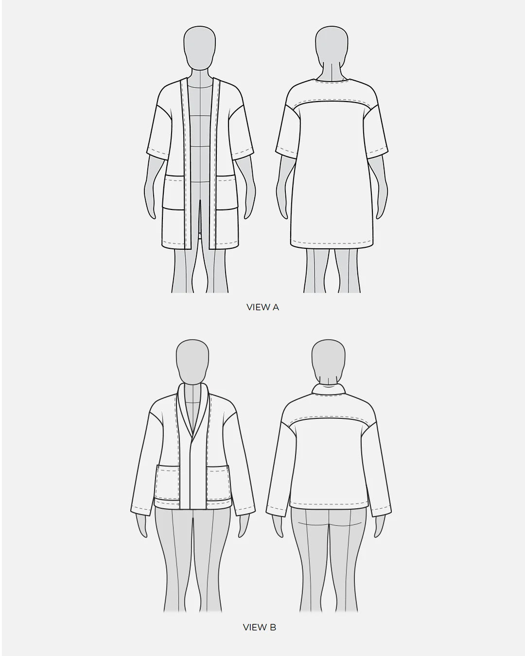 tech line sketch of moss jacket both views