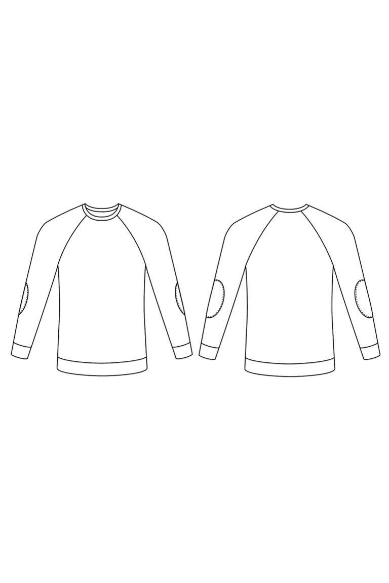 Line drawing of a long-sleeve shirt with raglan sleeves on a white background