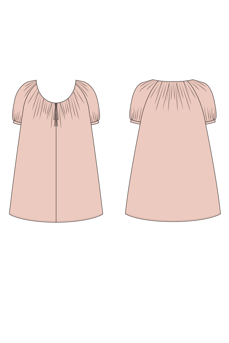 Pink dress with short sleeves and a round neckline on a white background