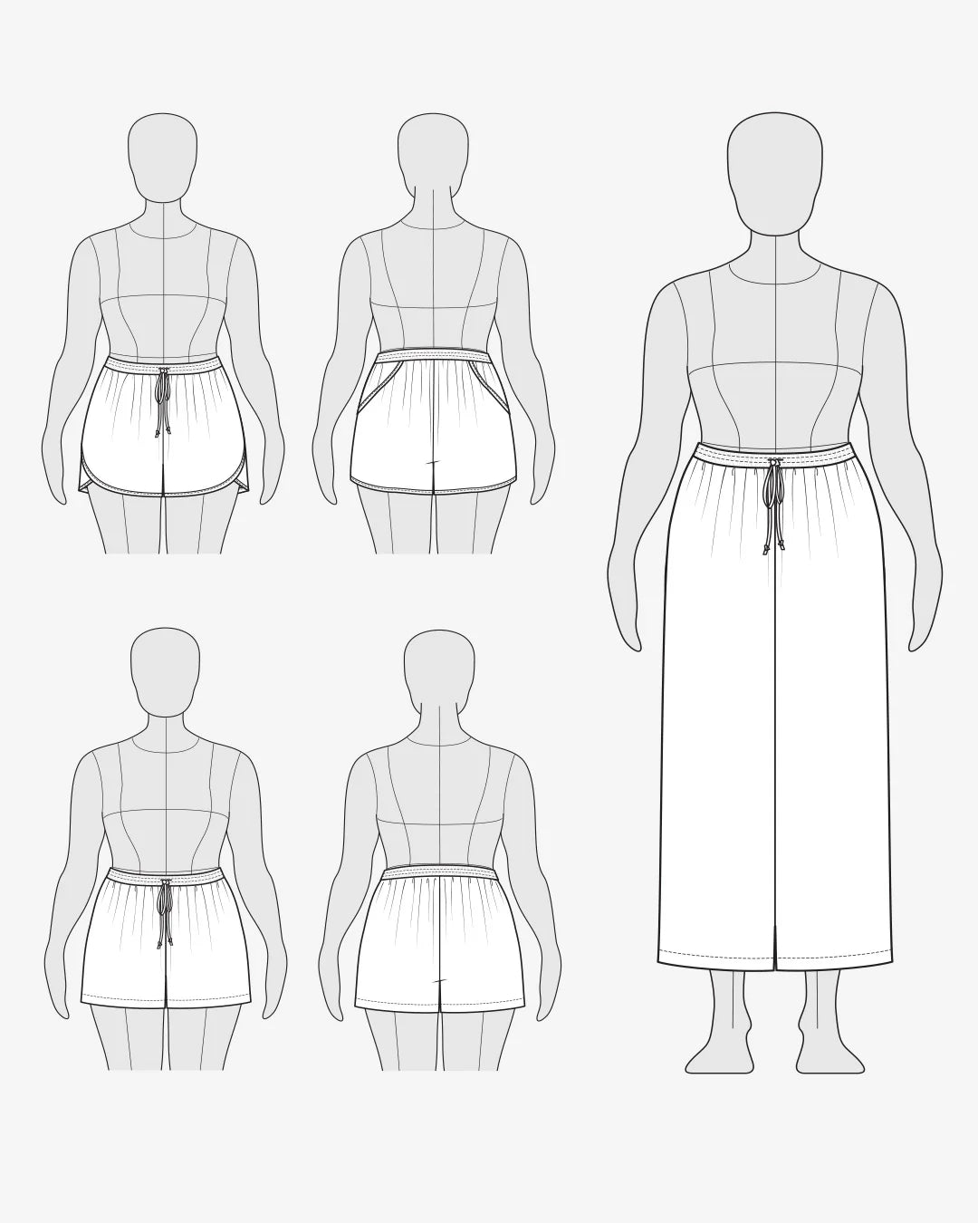 Line drawings of a dress on mannequins from multiple angles on a white background