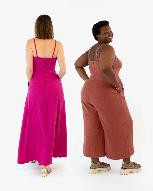 picture of two people modeling both the long dress and jumpsuit from the back and side of lockhart sewing pattern.