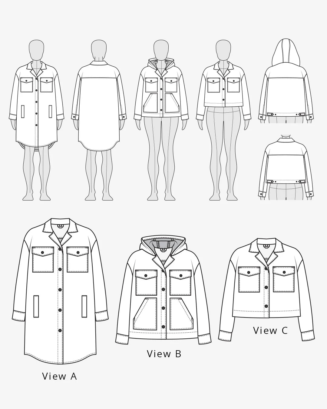tech line sketch of spindrift jacket sewing pattern
