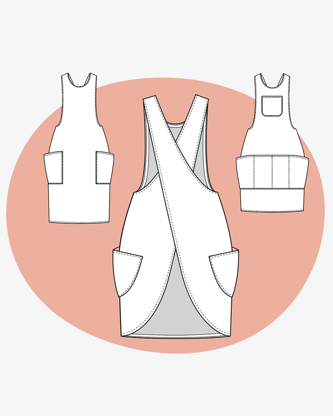 Sewing pattern for a dress with front and side views on a pink circle background