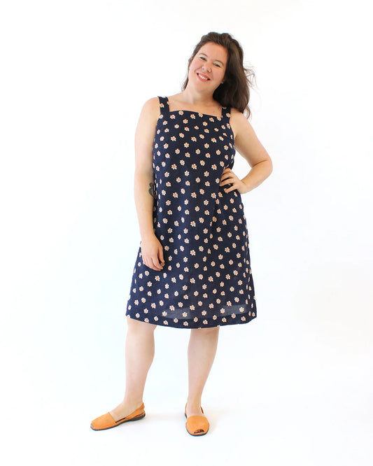 picture of person wearing blue print midi view of the reynolds dress