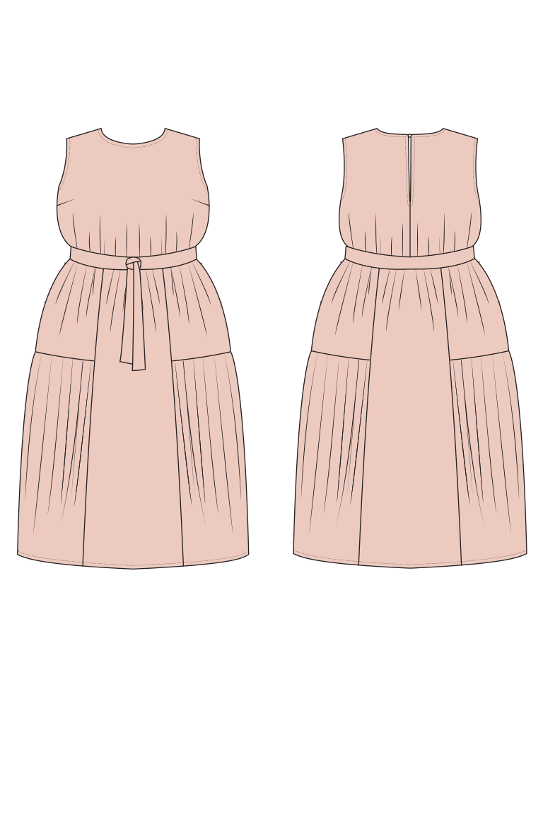 A flat vector illustration of a sleeveless A-line dress shown from both the front and back views. The dress is a soft dusty pink color with black line details representing seams, pleats, and a tie belt on the front.