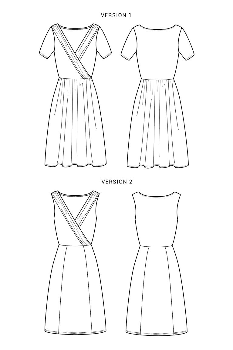 Line drawings of two versions of a dress on a white background