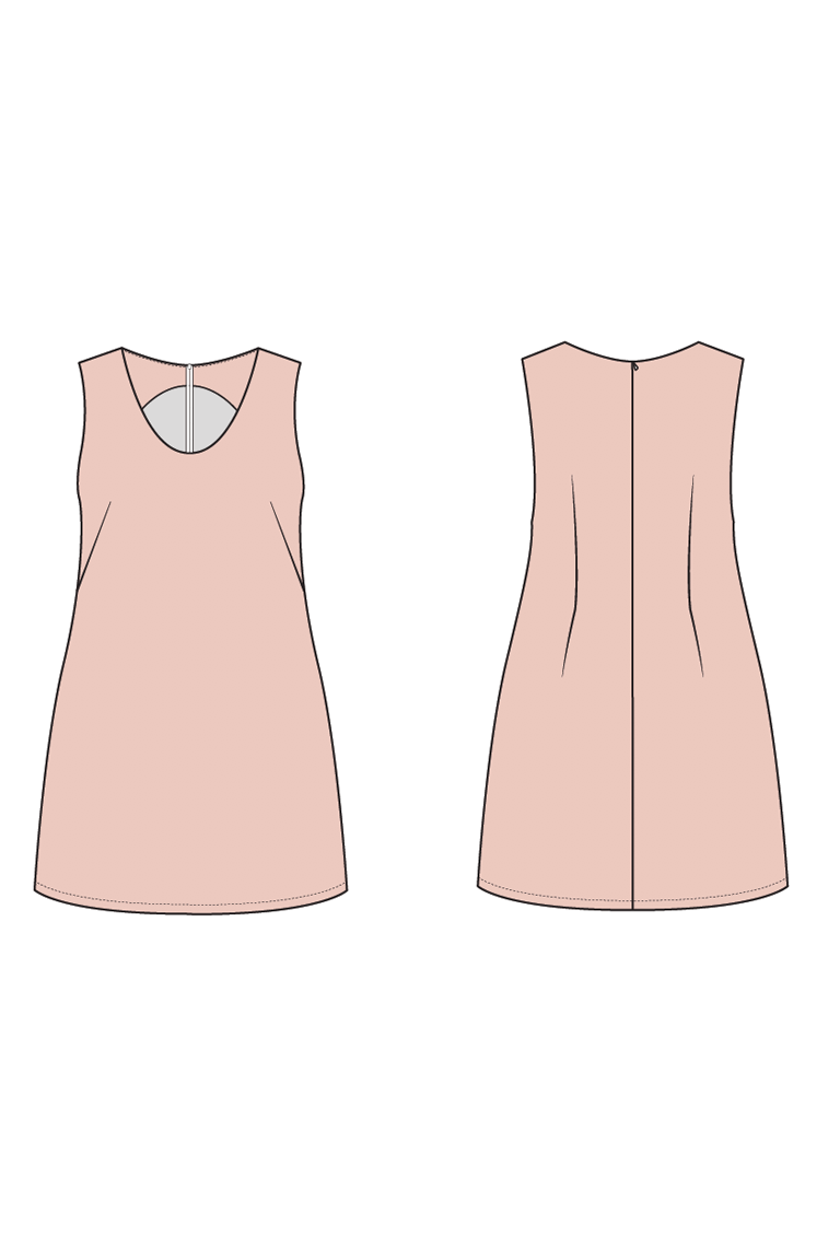 Skeuomorph of a pink sleeveless dress with front and back views on a white background