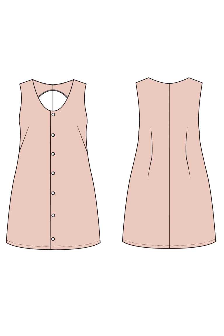 Pink sleeveless dress with buttons on a white background