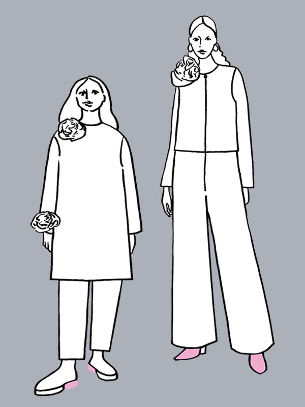 Black and white line drawings of two people wearing outfits on a gray background