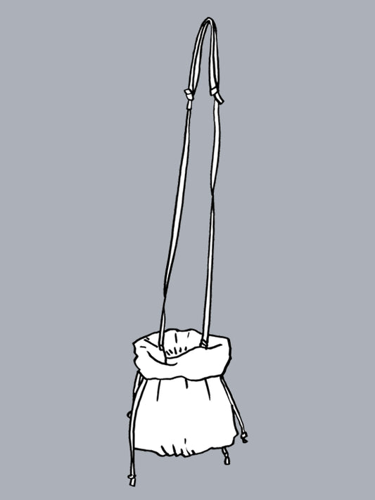 Black and white line drawing of a shoulder bag on a gray background