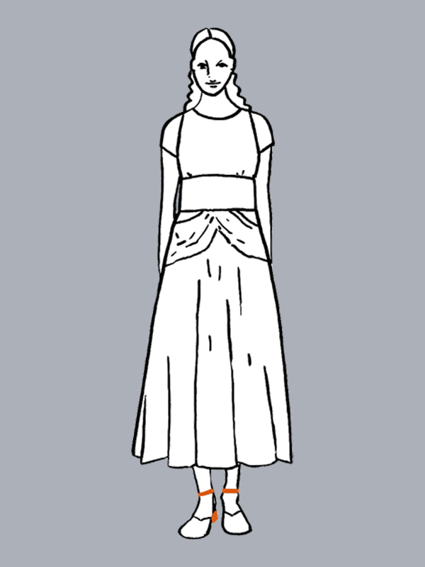 Line drawing of a person wearing a top and skirt on a gray background