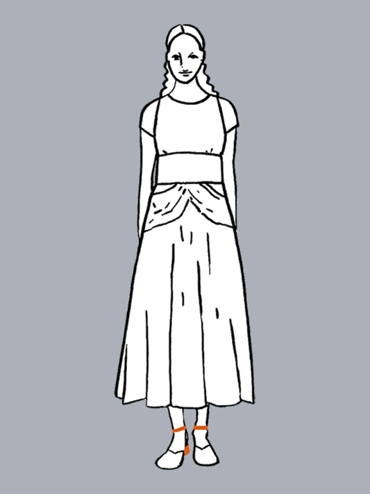 Line drawing of a person wearing a top and skirt on a gray background