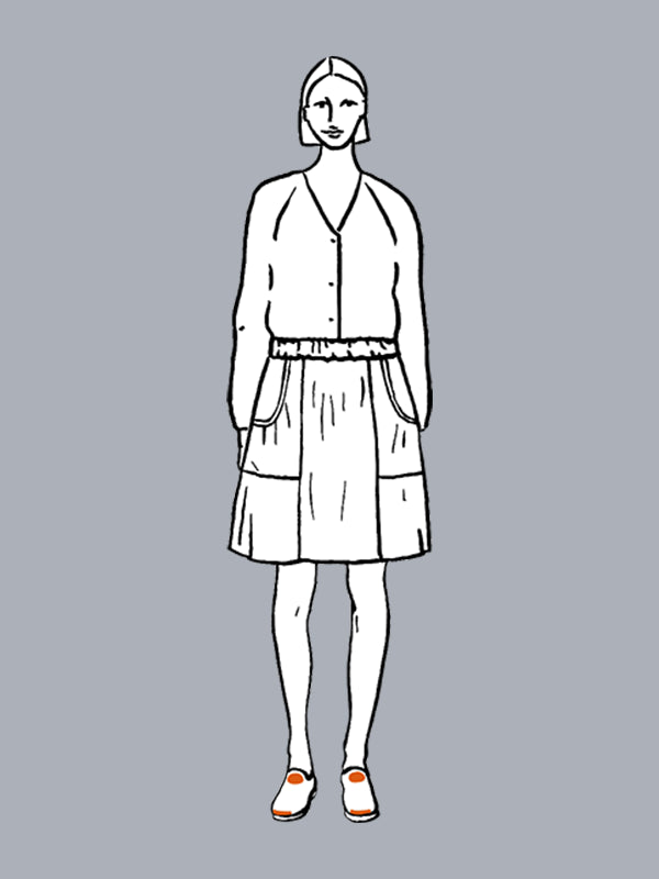 Line drawing of a person wearing a shirt and skirt on a gray background