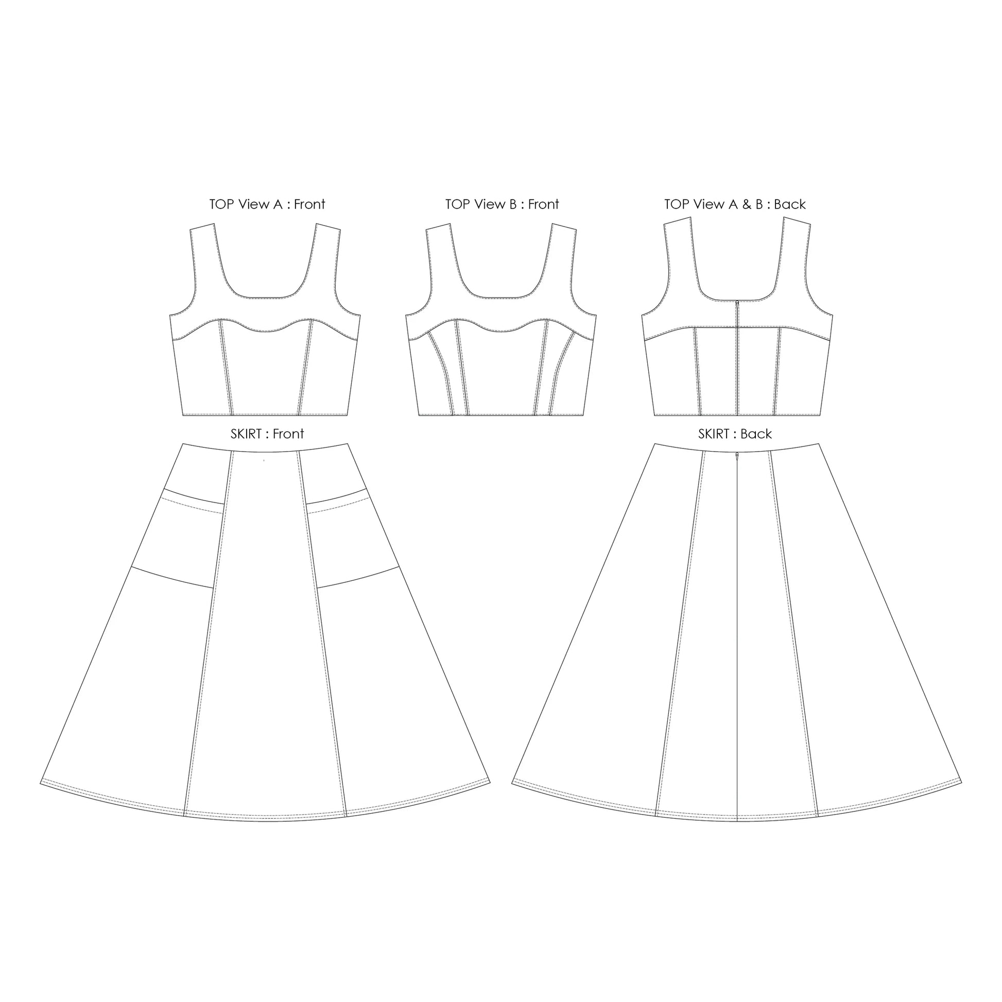 Technical drawing of a dress with top and skirt views on a white background